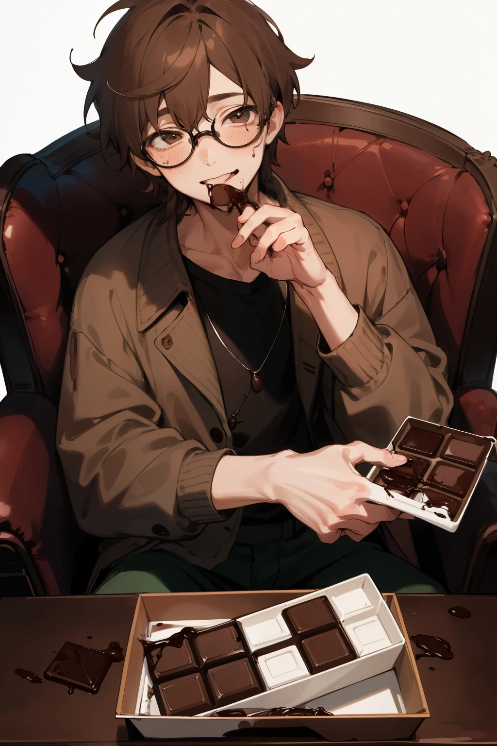 A young boy, with messy brown hair and glasses, sits comfortably in a chair, fully engrossed in the delightful taste of a large, melted chocolate bar. His lips are smeared with chocolate, and a content smile spreads across his face as he savors each bite. The chocolate melts slowly on his tongue, bringing joy to his senses. In the background, a half-empty chocolate box lies abandoned, a testament to his indulgence.