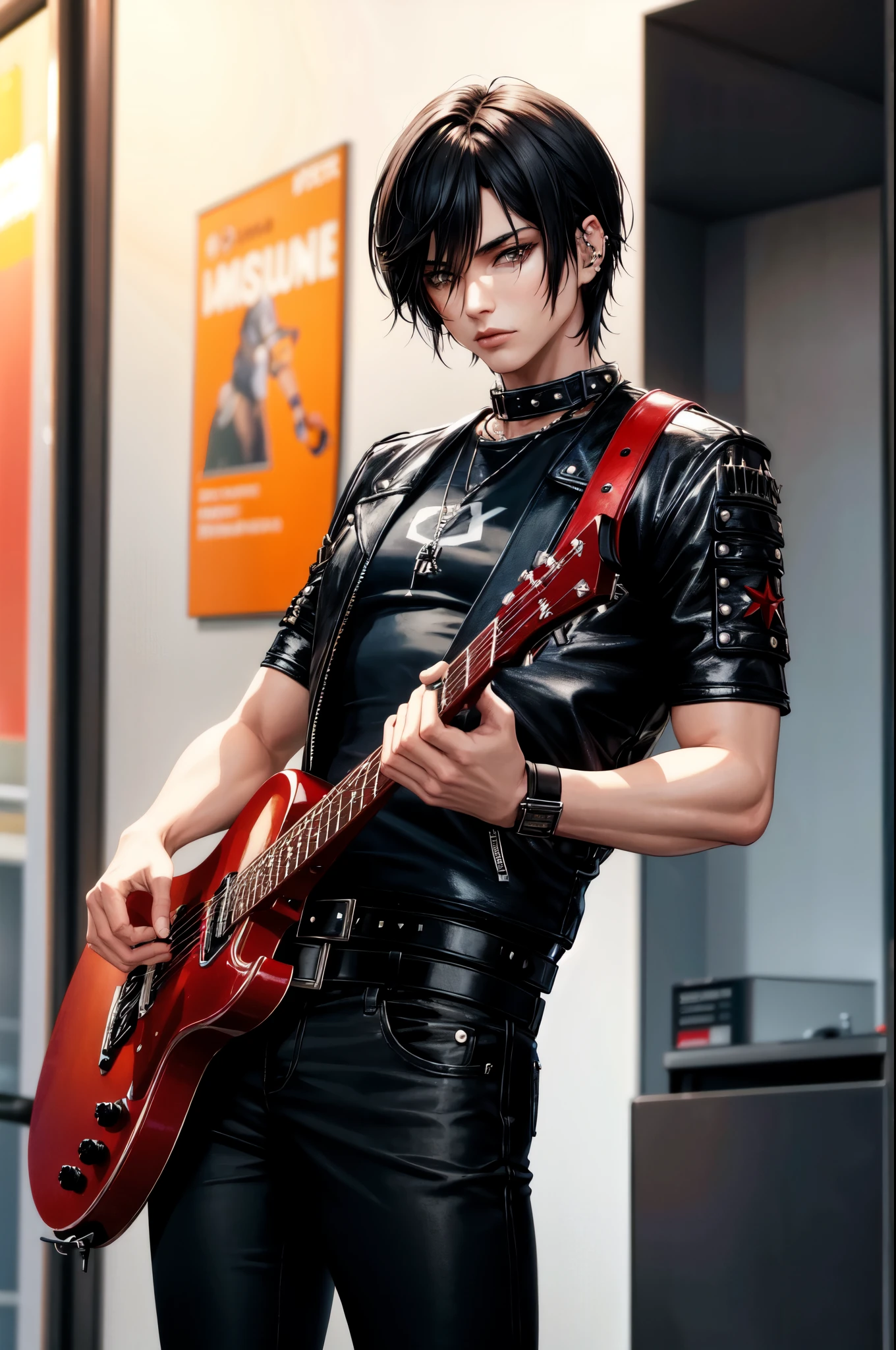1 men, with scars on arms, alternative style, leather jacket, a rock band t-shirt, waist belt, black pants, piercings, all star, red guitar and shoulder-length black hair.