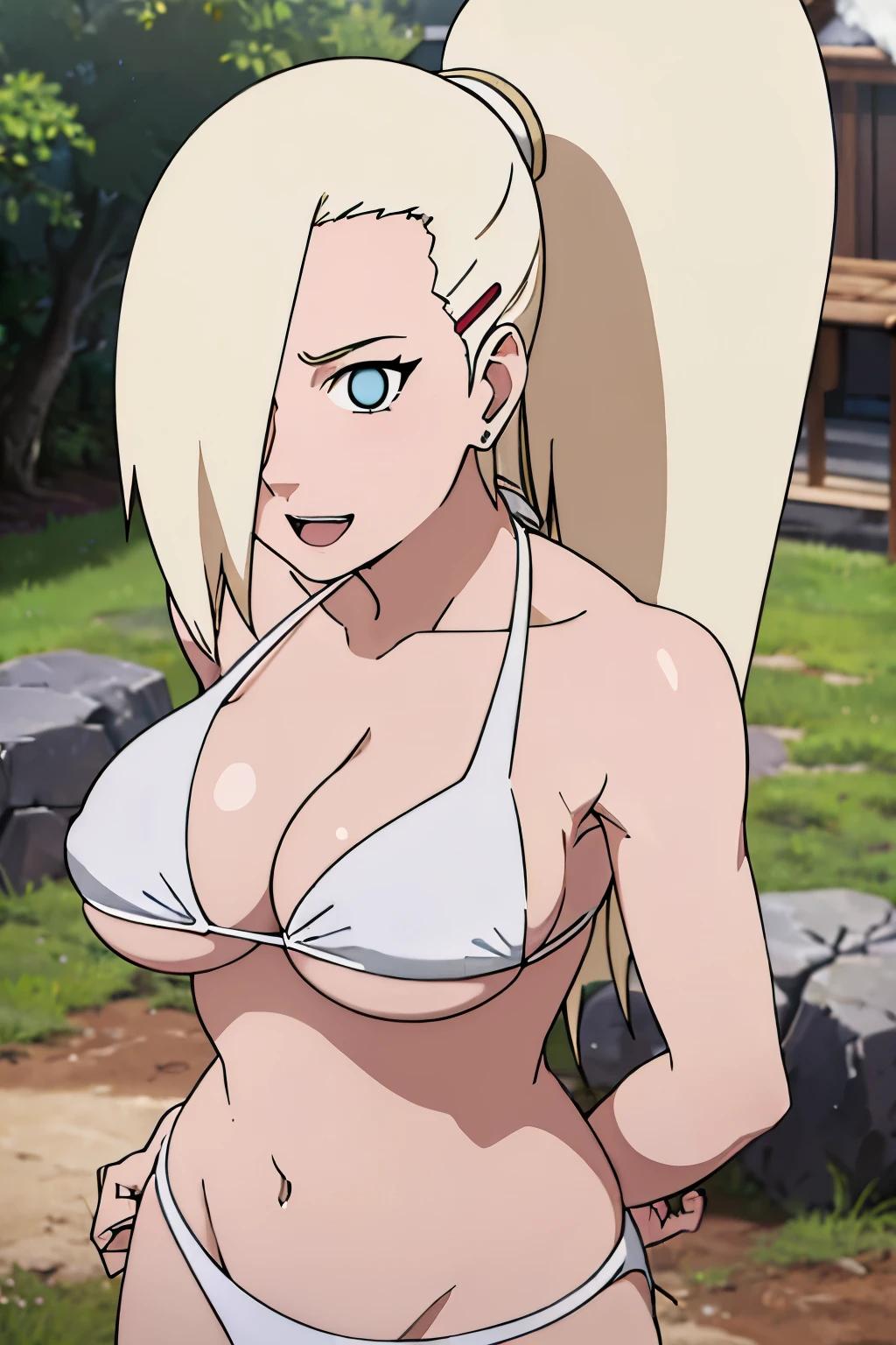 (White bikini:1.5), Ino yamanaka, looking at the viewer, gorgeous, attractive, groin, cowboy shot, ultra detailed face, sunny day, day time, upper body view, anime style, solo, detailed flower field, blonde, (focus on face), ((one eye covered with hair, hair over eye, ponytail)), medium breasts, belly button, looking at the viewer, thick arms, (off-shoulders, wide shoulders, curving body), hidden eye, smile, open mouth, very happy, tall, hair clip, sharp look, sharp face, sharp eye, cold colors,
