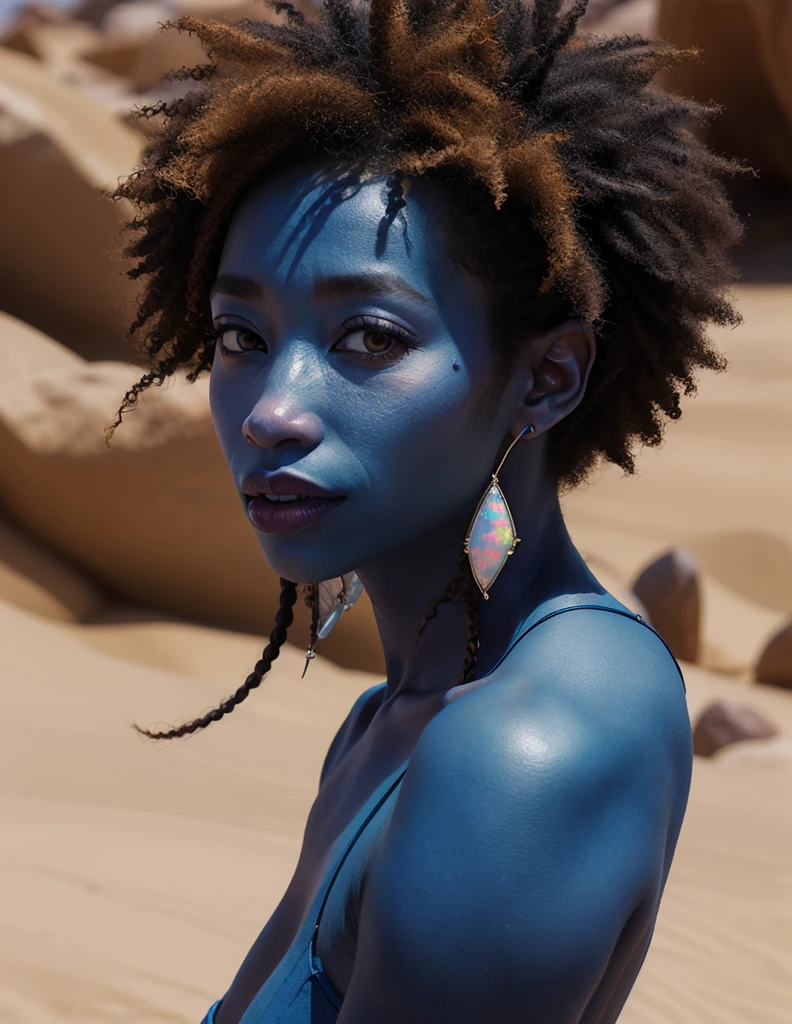 \dousan, glefling, blue skin, opal desert, afro hair, half body