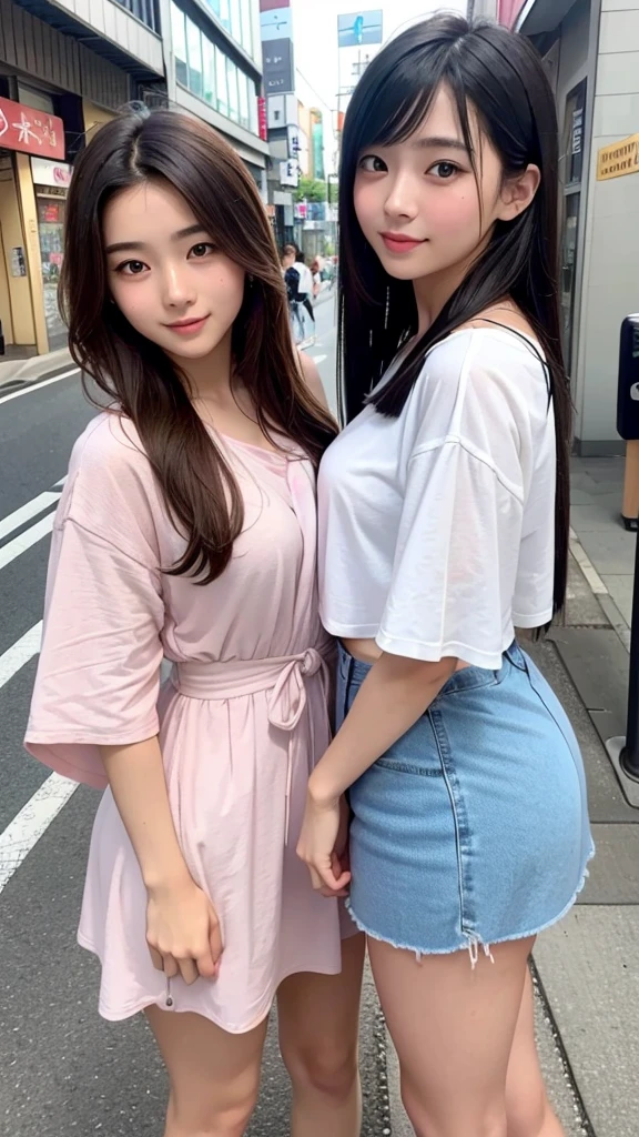 Highest quality、high resolution、Selfie、cheek-to-cheek、Two Girls、Japanese、20-year-old、Beauty、Beautiful face、Cute face、Well-formed face、Summer clothes、Tokyo cityscape