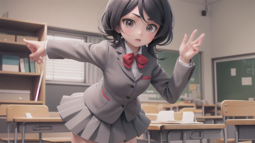 masterpiece, Highest quality, Cutchikirkia, bow tie, Grey blazer, Grey Skirt, School, classroom, Cowboy Shot, Diagonally below