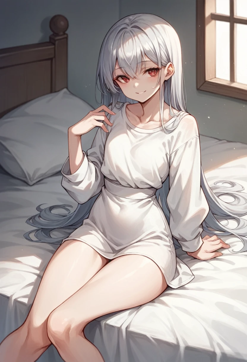 Girl sitting on bed(The girl has long silver hair Shoulder length Wearing a white shirt White skin tall With bangs Beautiful face Thin legs Small waist, slightly large chest Smiling Silver Hair Anime Style )