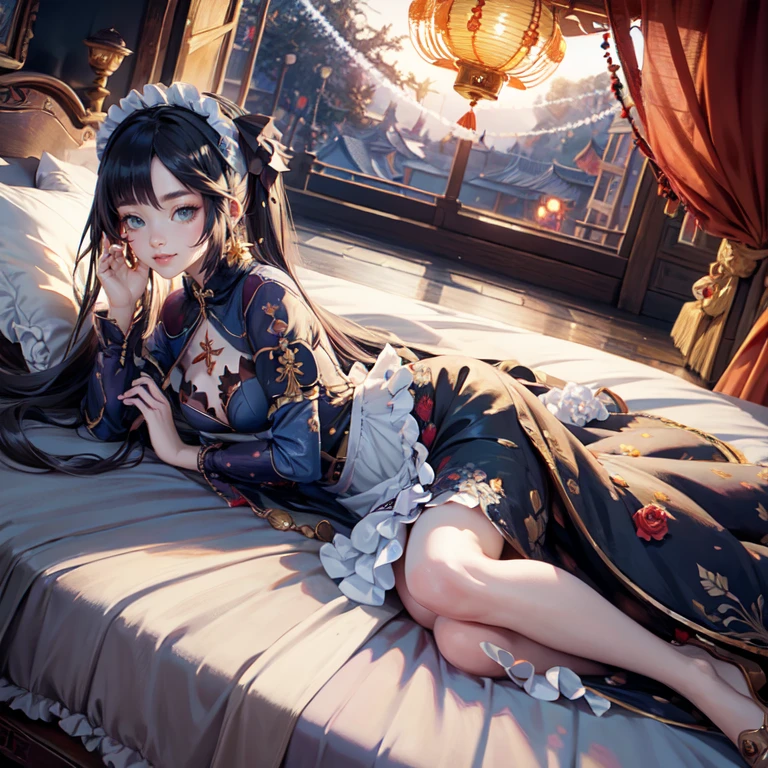 Mona_(genshin impact), 1girl, white roses, ornament hair, roses on her hair, maid, maid dress, maid headdress, maid apron, black hair, long hair, laying down on the bed, bedroom scene, Chinese maid dress, gold lantern, navy dress, more details on her clothes, golden details, night, smiling, coat, chinese style, solo, alone, crystal, curtains, full moon on the sky, laces, frills, sparkles, fireflies, laying down on the bed, chinese architecture on the background, white roses on the floor, bedroom scenery, solo, 1 girl, mini skirt