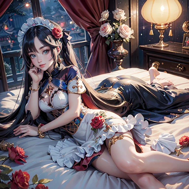 Mona_(genshin impact), 1girl, white roses, ornament hair, roses on her hair, maid, maid dress, maid headdress, maid apron, black hair, long hair, laying down on the bed, bedroom scene, Chinese maid dress, gold lantern, navy dress, more details on her clothes, golden details, night, smiling, coat, chinese style, solo, alone, crystal, curtains, full moon on the sky, laces, frills, sparkles, fireflies, laying down on the bed, chinese architecture on the background, white roses on the floor, bedroom scenery, solo, 1 girl, mini skirt 