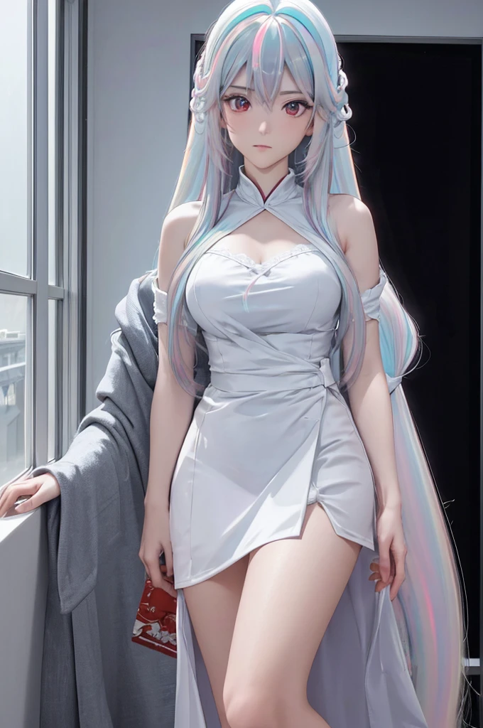 (masterpiece:1.3), (best quality:1.1), (8k, ultra detailed, ultra high res:1.2), ((anime style)), (perfect 5 fingers:1.1), perfect anatomy,
1girl,
BREAK long hair,
(((((opalescent hair))))), white hair,
red eyes,
looking at viewer, standing, (((Gazing Skyward))),
cowboy shot,
BREAK black background,