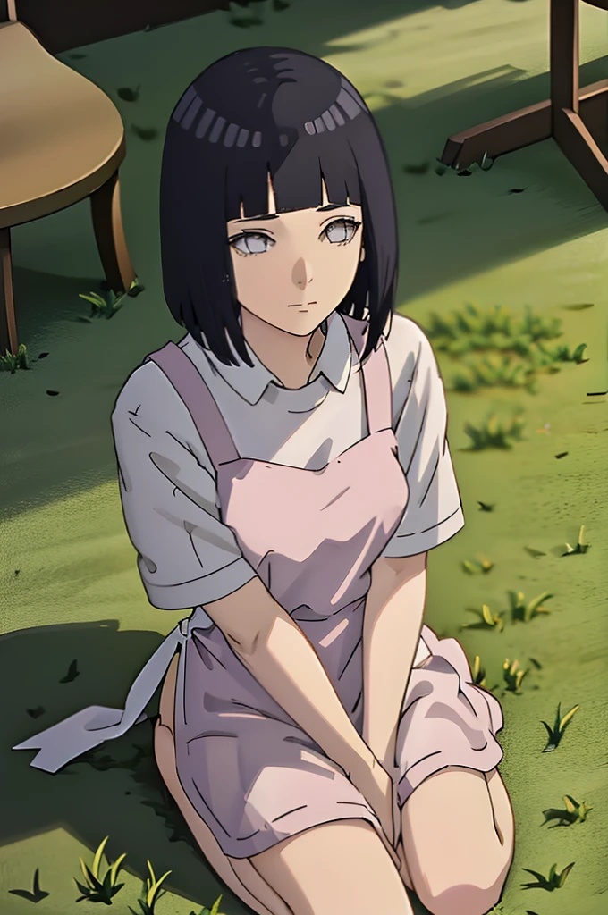 Picking something from the ground,looking at viwer,wearing apron