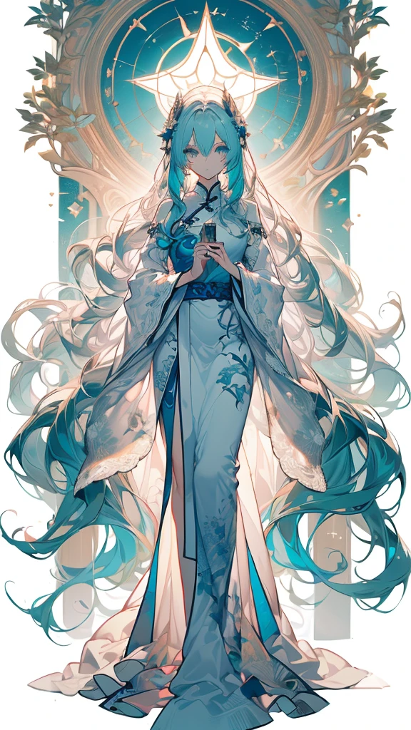 ((masterpiece, best quality)), Delicate face，Snake Woman，Full body painting，Perfect body proportions，Long legs，((Long wavy hair)), ((Half of her hair is white，The other half is cyan，Available in two colors))，beautiful eyes，Fantasy style，White background，transparent，cheongsam，Lace，Garter