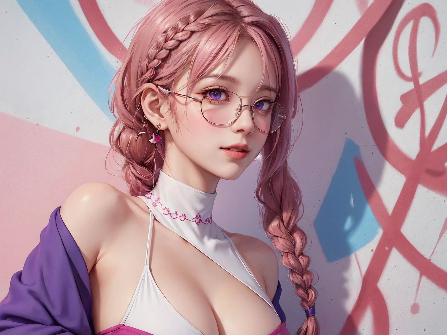 (Masterpiece, best quality, 1 girl, alone, complicated details, Chromatic aberration), realistic, ((Moderate breath)),long hair, pink hair, Red headpiece, Pink Highlights, hair on one eye,purple eyes, earring, sharp eyes, choker, Neon coat, She wears a collar, bangle, and kimono style garters., crop top, (symmetrical eyes),(Perfect symmetrical body),against the wall, Brick wall, (colorful graffiti words on the wall:1.2), The light is dim., alley ,Look at the viewer.、Dig the chest、smile、(sleeveless、Navel touch、Fitted turtleneck.)、street string hot pants、Thin bottom、Please build above the eaves..、Thin shoulders、1 Female,Brown Hair, ,((Anxious expression)),Beautiful breasts,School Swimsuit、Stylish,,(Look forward)(((Blushing、Surprised expression)),(((Braid))),((( Upper body portrait)))Frameless Glasses