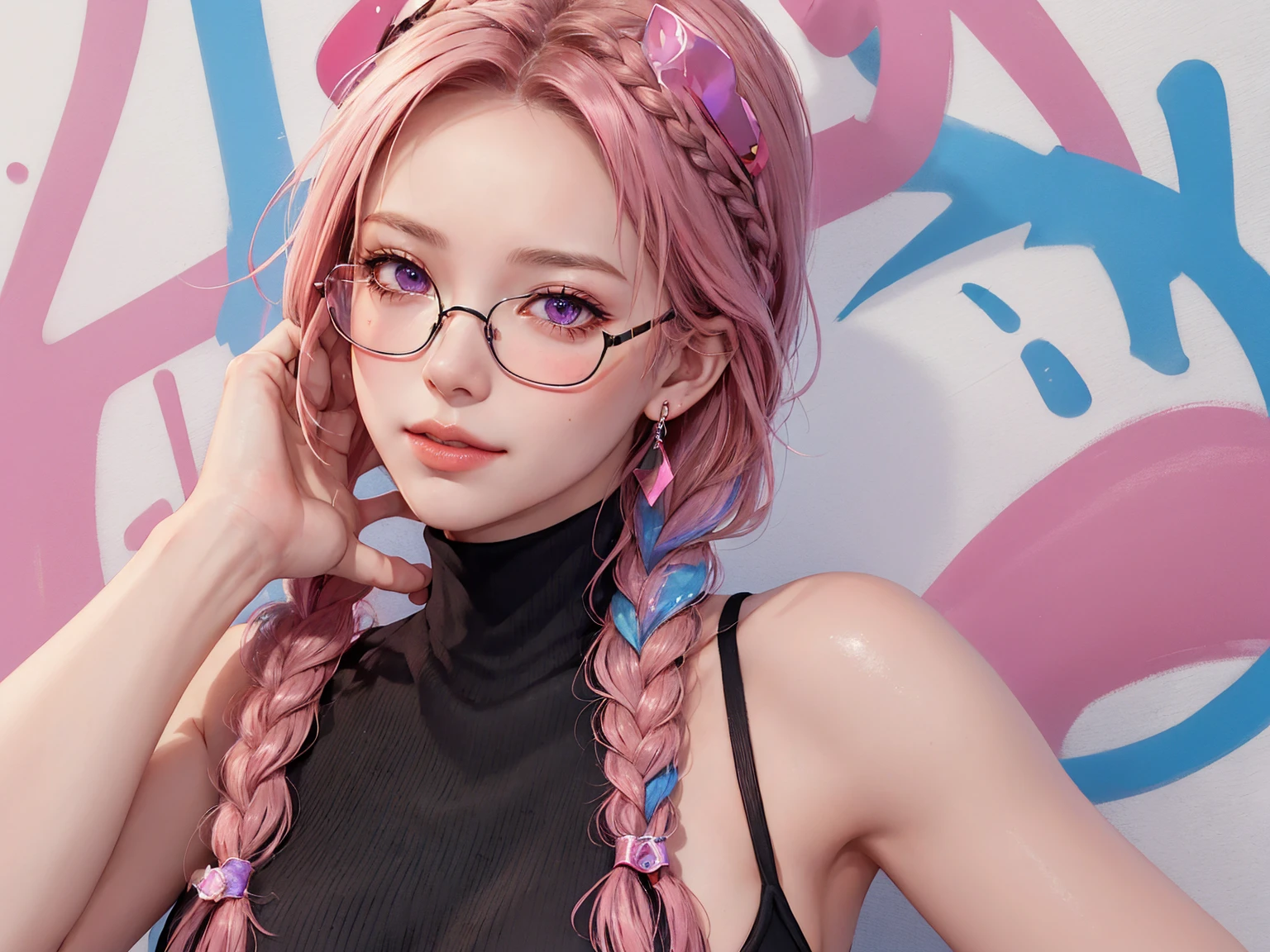 (Masterpiece, best quality, 1 girl, alone, complicated details, Chromatic aberration), realistic, ((Moderate breath)),long hair, pink hair, Red headpiece, Pink Highlights, hair on one eye,purple eyes, earring, sharp eyes, choker, Neon coat, She wears a collar, bangle, and kimono style garters., crop top, (symmetrical eyes),(Perfect symmetrical body),against the wall, Brick wall, (colorful graffiti words on the wall:1.2), The light is dim., alley ,Look at the viewer.、Dig the chest、smile、(sleeveless、Navel touch、Fitted turtleneck.)、street string hot pants、Thin bottom、Please build above the eaves..、Thin shoulders、1 Female,Brown Hair, ,((Anxious expression)),Beautiful breasts,School Swimsuit、Stylish,,(Look forward)(((Blushing、Surprised expression)),(((Braid))),((( Upper body portrait)))Frameless Glasses