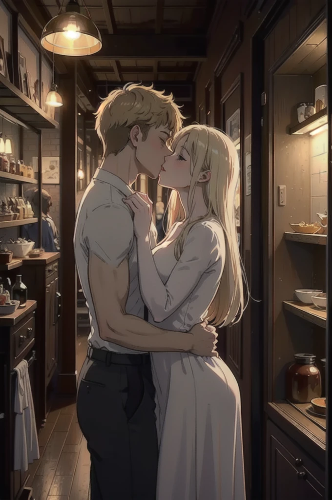 ((best quality)), ((masterpiece)), (detailed), one girl with long blond hair kiss one muscle blond guy, view from side on scene, passionate kiss, cozy atmosphere, cozy lighting, standing poses