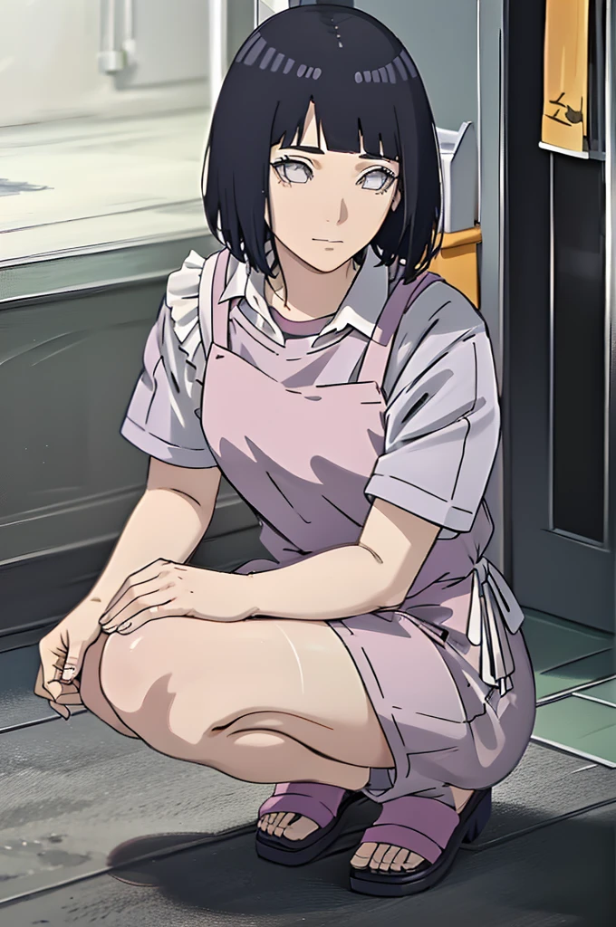 Picking something from the ground,looking at viwer,wearing apron