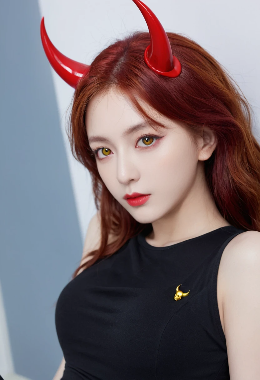 masterpiece, best quality, 1 Girl, Solitary, Yellow eyes, Red hair, Small Breasts, Devil Girl, Devil's Tail, Devil Wings, Little devil horns, Pointed ears, (Small Breasts), (flat chest), Double tail, Bat hair accessories, cape, White shirt, White Leg Clothing, Plush Toys, Stuffed Animals, Berets, Gloves, Bangs, have