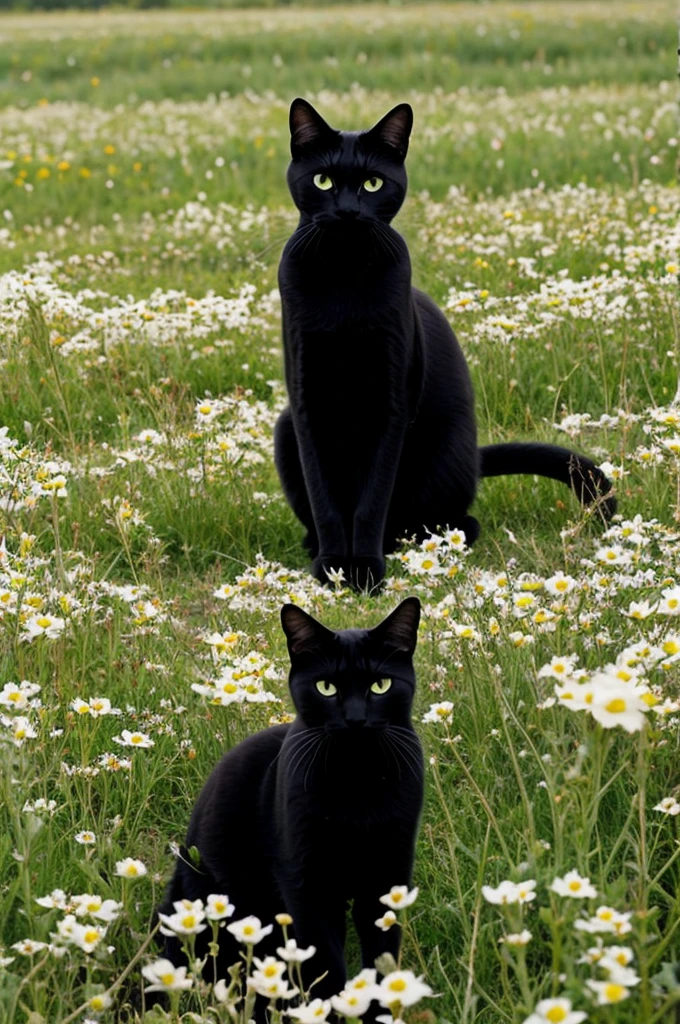Black cat in flower field
