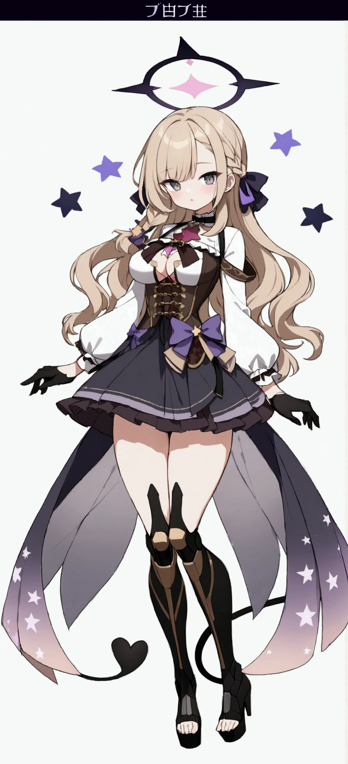 woman 170 cm tall. medium chest, wide hip, slim build, ((whole body)). (((character design sheet: front view))). (dark blonde hair, (hip-length wavy hair with asymmetrical bangs), (She has a short braid tied with an elegant purple bow on the left side of her hair above her chest.). (She has a short braid tied with an elegant purple bow on the right side of her hair above her chest.). She has small ribbons in the back of her hair....). ((Gray eyes with a pink 4-pointed star in the pupil..)). Two black and purple serval ears located on the top of the head.. (Luminous black halo with purple star patterns above his head.). He has a black collar with a heart emblem on his neck.... (Elegant long one-piece dress with lace, ruffled thigh-length skirt, ribbon decorations and star patterns on the dress). black gloves, beautiful black platform heels. gray belt at the waist with a large ribbon with a luminous pink heart in the middle. (It has a beautiful succubus tail with a small purple star on the tip..). ((It has complex mechanical legs that reach up to the thighs and are black with small purple details....)). beautiful detailed hair, beautiful detailed dress. extremely detailed arms. extremely detailed face, small face, Beautiful detailed eyes, beautiful detailed lips. adorable. extremely detailed legs. (Best Quality, 4k, high resolution), ultra detailed, Exquisite and epic character art.., ((White background)). (Focus on symmetry).