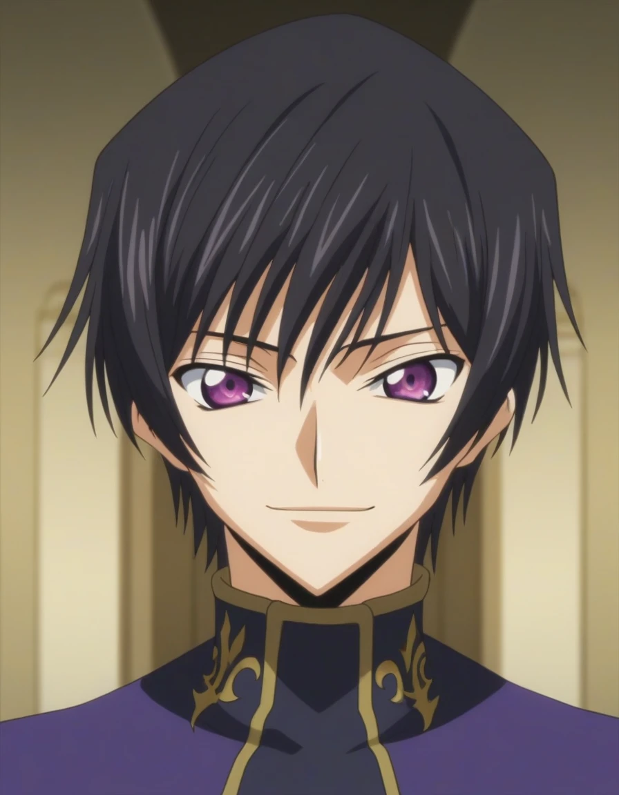 score_9, score_8_up, score_7_up, source_anime, rating_safe, intricate details, anime screencap, , , looking at viewer, depth of field, 1boy, solo, male focus, lelouch_lamperouge, black hair, purple eyes, bangs, smile, cute, purple suit costume, castle, room, night.