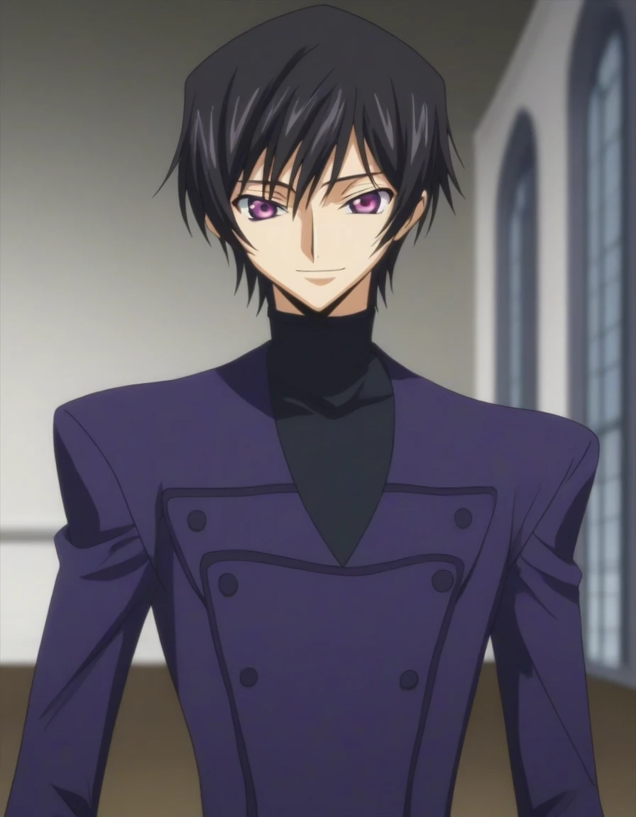 score_9, score_8_up, score_7_up, source_anime, rating_safe, intricate details, anime screencap, , , looking at viewer, depth of field, 1boy, solo, male focus, lelouch_lamperouge, black hair, purple eyes, bangs, smile, cute, purple suit costume, castle, room, night.