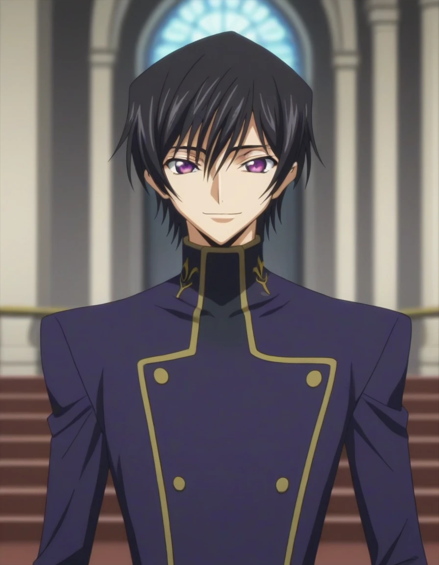 score_9, score_8_up, score_7_up, source_anime, rating_safe, intricate details, anime screencap, , , looking at viewer, depth of field, 1boy, solo, male focus, lelouch_lamperouge, black hair, purple eyes, bangs, smile, cute, purple suit costume, castle, room, night.