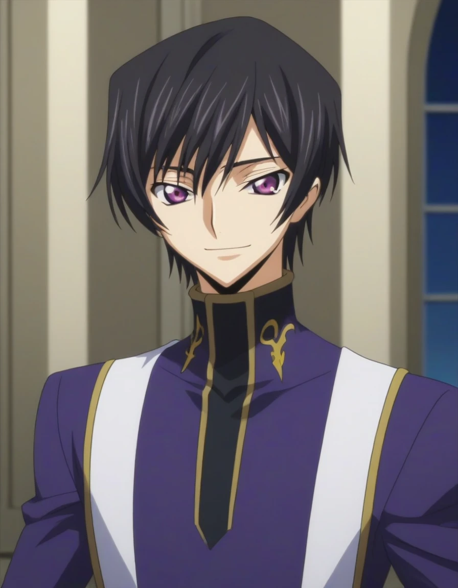 score_9, score_8_up, score_7_up, source_anime, rating_safe, intricate details, anime screencap, , , looking at viewer, depth of field, 1boy, solo, male focus, lelouch_lamperouge, black hair, purple eyes, bangs, smile, cute, purple suit costume, castle, room, night.