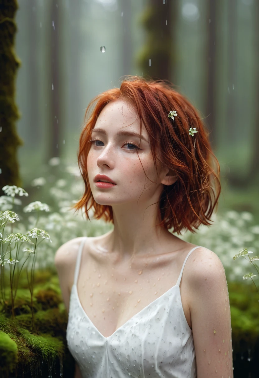 cute woman under drizzling rain, (elegant, beautiful face), transparent white dress, forest moss, (freckles:0.8), flowers feld, , curly red hair, magical atmosphere, (short hair), ((detailed skin, skin texture)), ultradetailed, (intricately detailed, fine details, hyperdetailed), raytracing, subsurface scattering, (fantasy underworld on background), diffused soft lighting, shallow depth of field, by (Oliver Wetter), sharp focus bokeh, (realistic photo quality:1.4)