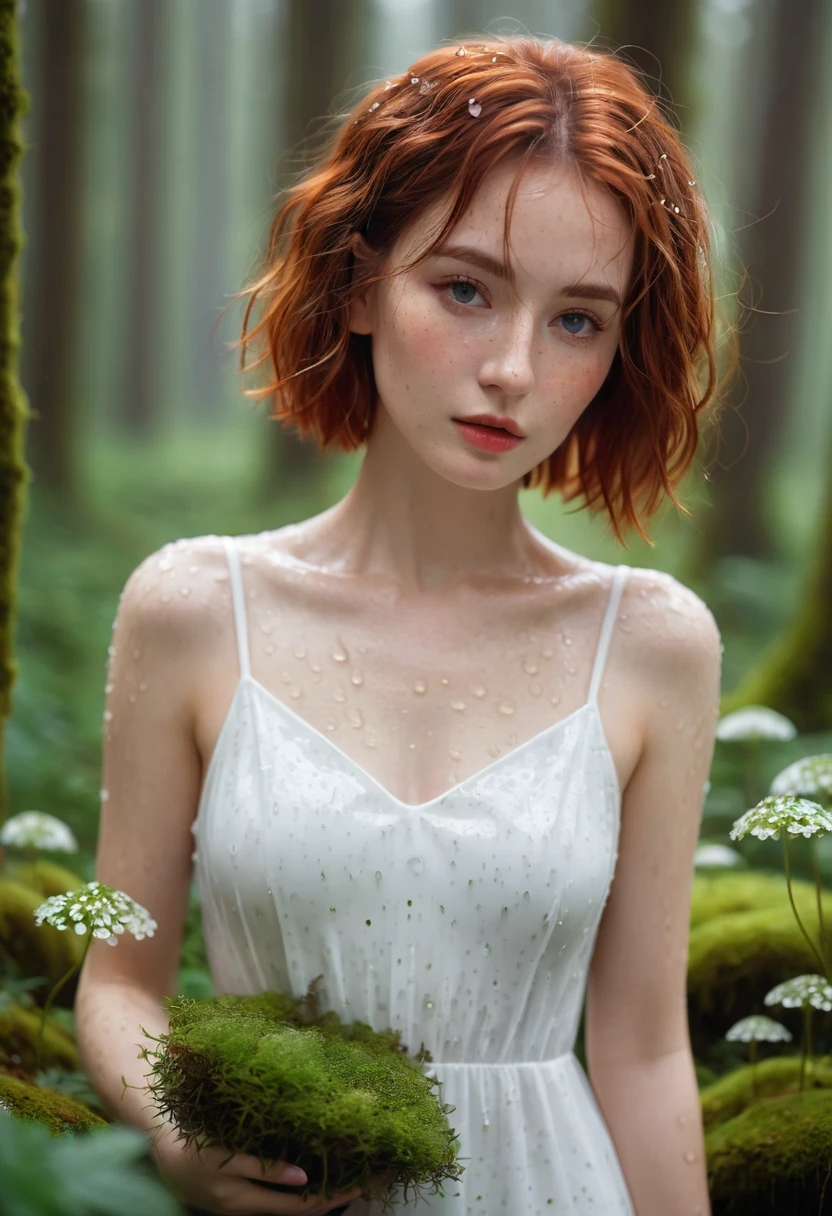 cute woman under drizzling rain, (elegant, beautiful face), transparent white dress, forest moss, (freckles:0.8), flowers feld, , curly red hair, magical atmosphere, (short hair), ((detailed skin, skin texture)), ultradetailed, (intricately detailed, fine details, hyperdetailed), raytracing, subsurface scattering, (fantasy underworld on background), diffused soft lighting, shallow depth of field, by (Oliver Wetter), sharp focus bokeh, (realistic photo quality:1.4)