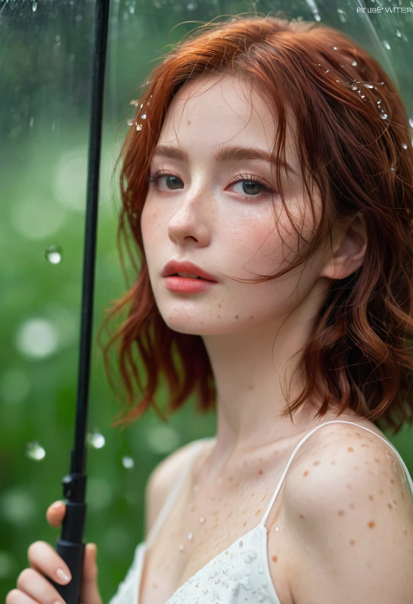 cute woman under drizzling rain, (elegant, beautiful face), transparent white dress, forest moss, (freckles:0.8), flowers feld, , curly red hair, magical atmosphere, (short hair), ((detailed skin, skin texture)), ultradetailed, (intricately detailed, fine details, hyperdetailed), raytracing, subsurface scattering, (fantasy underworld on background), diffused soft lighting, shallow depth of field, by (Oliver Wetter), sharp focus bokeh, (realistic photo quality:1.4)