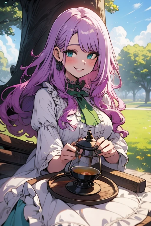 Perfect face. Perfect hands. A light purple haired woman with green eyes with an hourglass figure and long hair in a frilly summer dress is drinking tea in the park with a big smile