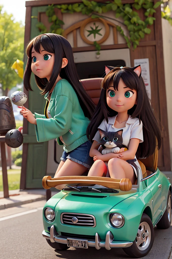 Girl long hair ride to avocado car with the cat