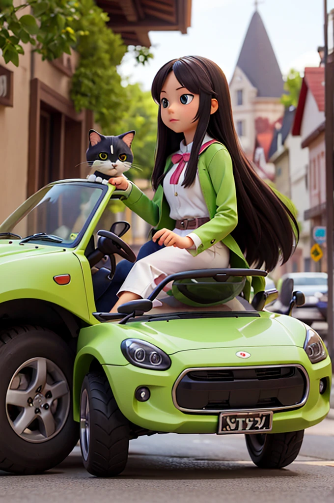 Girl long hair ride to avocado car with the cat