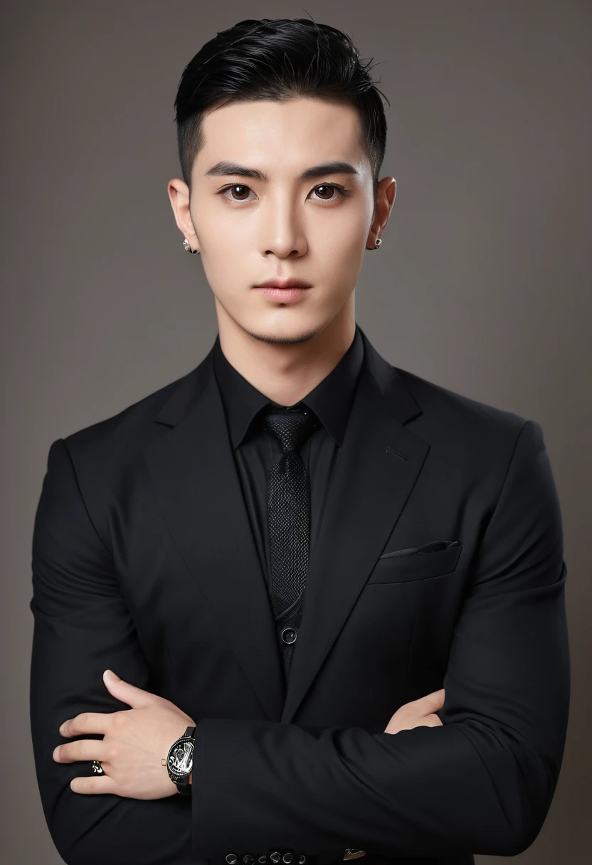A handsome boy, 20 years old, big eyes, square face, short black hair, muscular, tattoos on his neck, wearing a black suit and shirt, and a middle-aged rich businessman, round face, a little bald, two handshake cooperation, best quality, master work, masterpiece