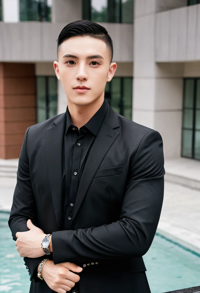 A handsome boy, 20 years old, big eyes, square face, short black hair, muscular, tattoos on his neck, wearing a black suit and shirt, and a middle-aged rich businessman, round face, a little bald, two handshake cooperation, best quality, master work, masterpiece