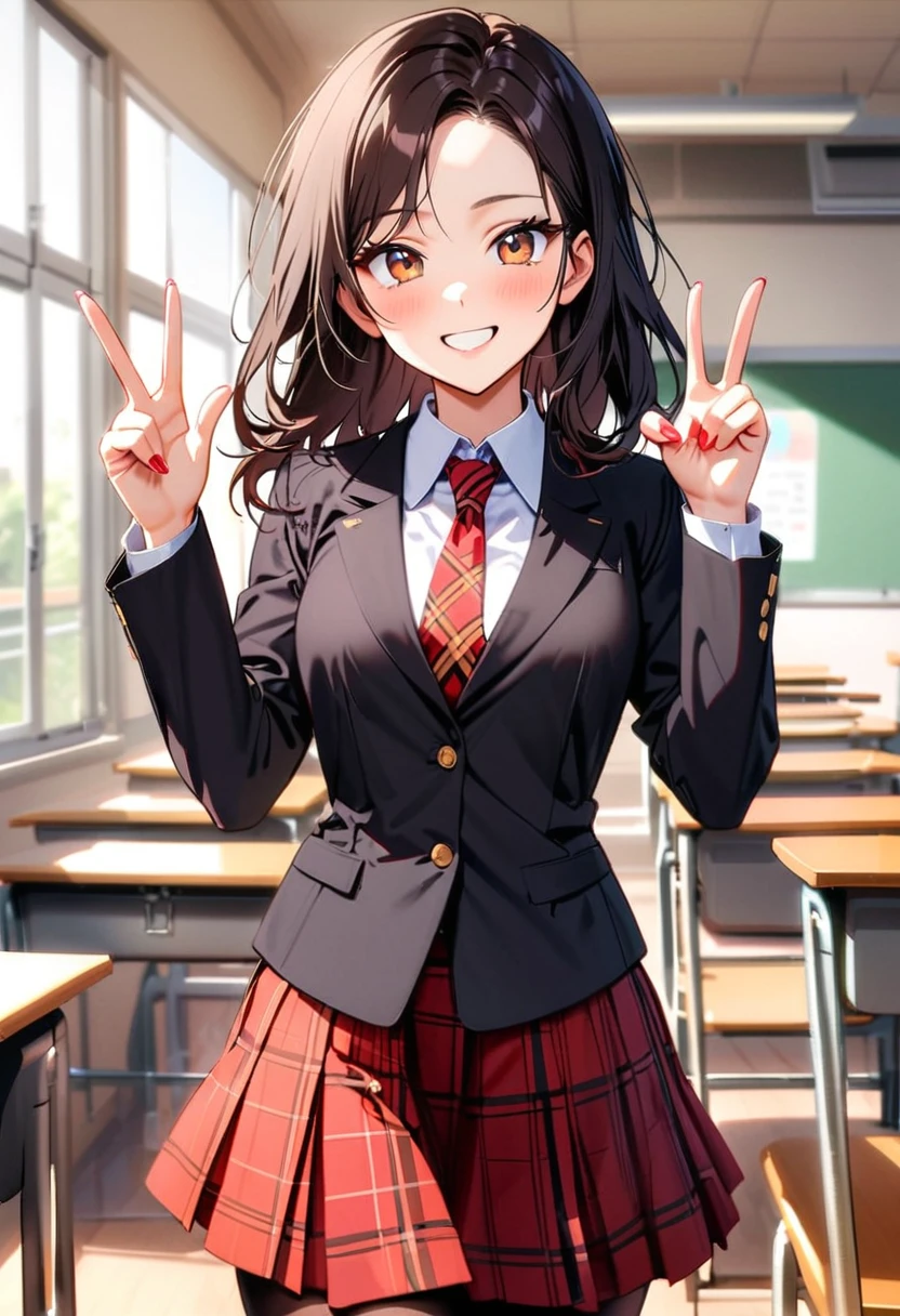 A young woman, 18-years-old, solo, Korean, (loose wavy black hair, no bangs:1.1), brown eyes, black blazer, white blouse, red plaid necktie, red pleated skirt, black pantyhose, playful smile, cheerful, mature face, classroom, holding up a v-sign
