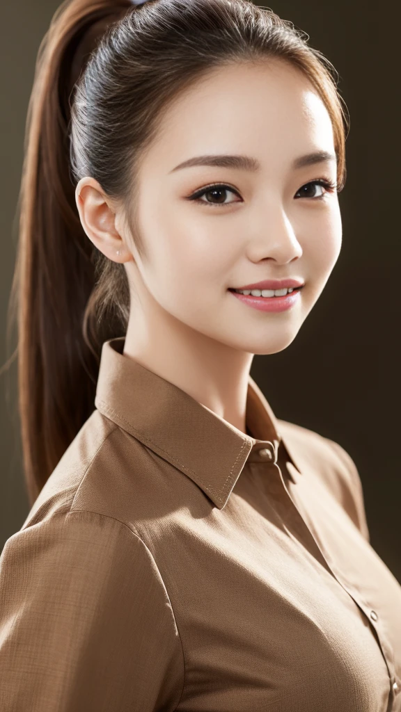 Tabletop, Highest quality, Realistic, Very detailed, finely, High resolution, 8k wallpaper, One beautiful woman,, Wearing a dress shirt、Light brown ponytail stretch hair,........, Sharp focus, Perfect dynamic composition, Beautiful and exquisite, Thinning hair, Detailed Realistic skin texture, smile, Close-up portrait, Model Body Type、president&#39;secretary、mini skirt、High heels、