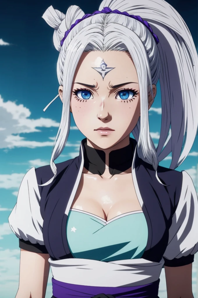 Captura de pantalla de Kimetsu No Yaiba.
With white hair, has blue eyes, She is wearing a dress and her expression is serious.