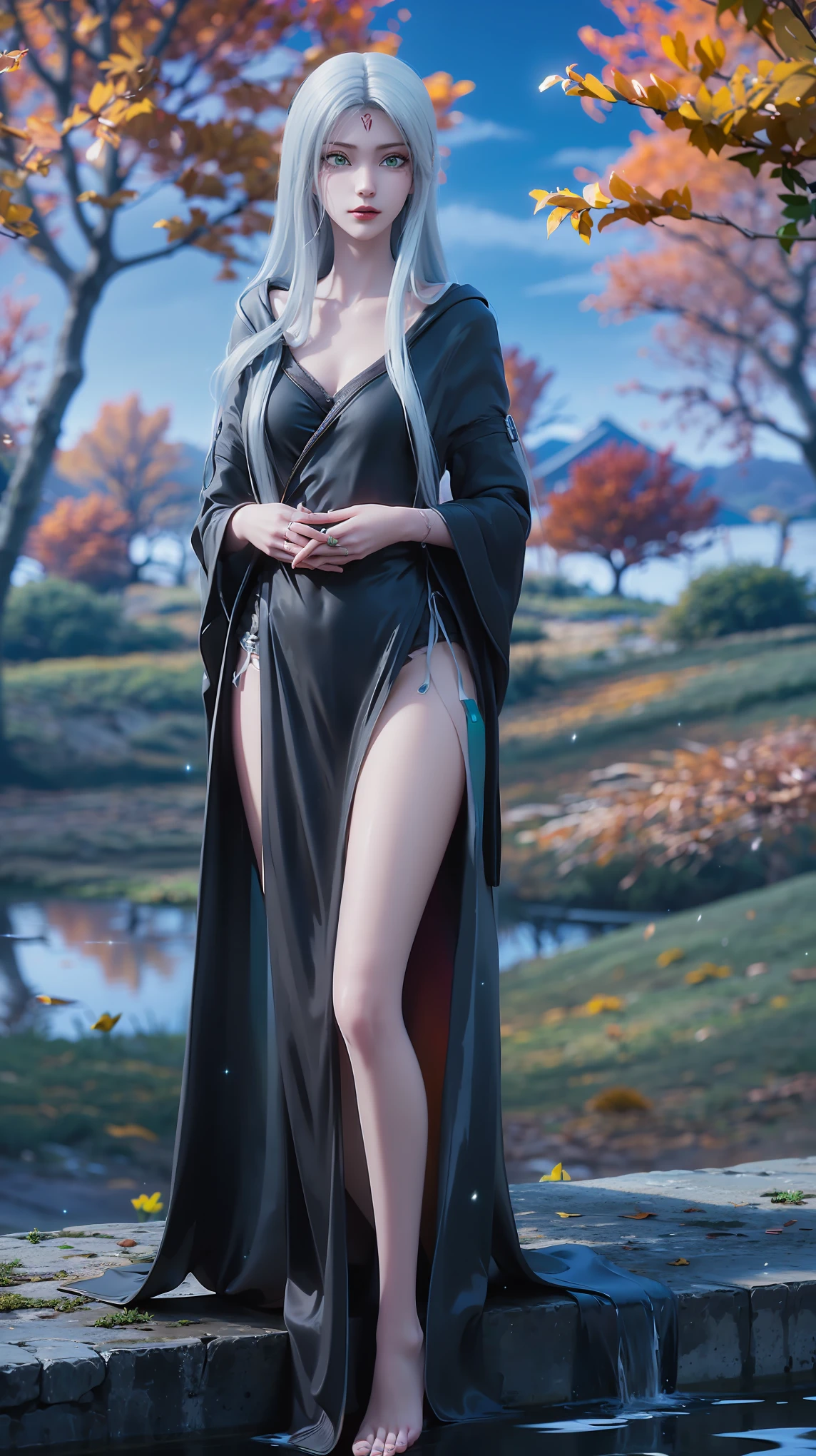 Araffe lady in black dress sitting on ledge over pond, seductive Tifa lockhart portrait, Tifa, Beautiful and charming anime woman, Popular on cgstation, Tifa lockhart, Beautiful goddess, glamorous Tifa lockheart, Japanese Goddess, Realistic anime girl rendering, Anime Goddess, Beautiful fantasy queen, Attractive anime girl, Popular on cgstation内容，(((White long hair)))，(((Green eyes))，((Black robe))，((Place one hand on your chest))