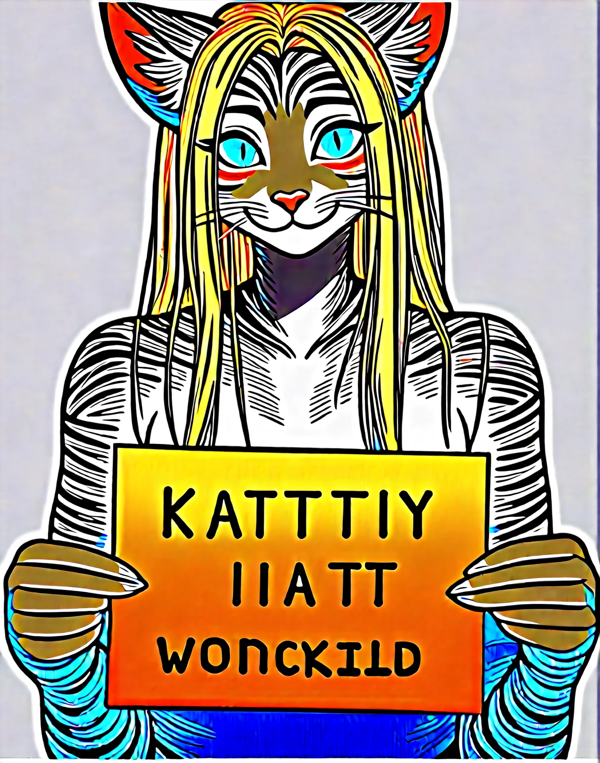 score_9,score_8_up,score_7_up, source_cartoon, kat, Anthro furry feline, female, tall slender body, blonde, long hair, hair, pink nose, blue eyes, :3, white whiskers, hourglass figure, silver fur, grey stripes, furry body, naked, upper body shot, blushing, holding a rectangular black sign, sign covering her breasts, simple white backgrounds, bashful smile, front view