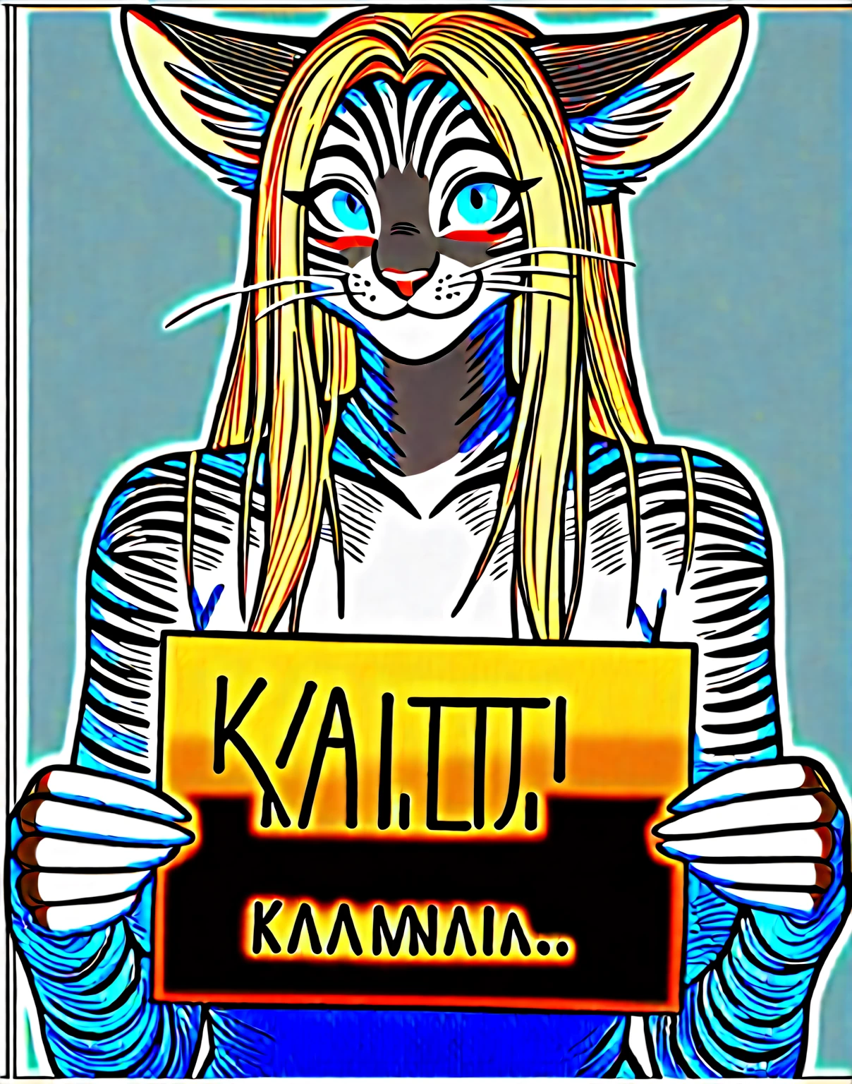 score_9,score_8_up,score_7_up, source_cartoon, kat, Anthro furry feline, female, tall slender body, blonde, long hair, hair, pink nose, blue eyes, :3, white whiskers, hourglass figure, silver fur, grey stripes, furry body, naked, upper body shot, blushing, holding a rectangular black sign, sign covering her breasts, simple white backgrounds, bashful smile,