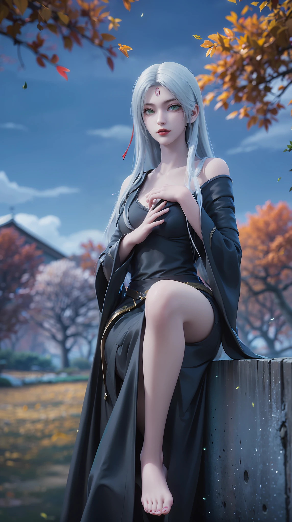 Araffe lady in black dress sitting on ledge over pond, seductive Tifa lockhart portrait, Tifa, Beautiful and charming anime woman, Popular on cgstation, Tifa lockhart, Beautiful goddess, glamorous Tifa lockheart, Japanese Goddess, Realistic anime girl rendering, Anime Goddess, Beautiful fantasy queen, Attractive anime girl, Popular on cgstation内容，(((White long hair)))，(((Green eyes))，((Black robe))，((Place one hand on your chest))