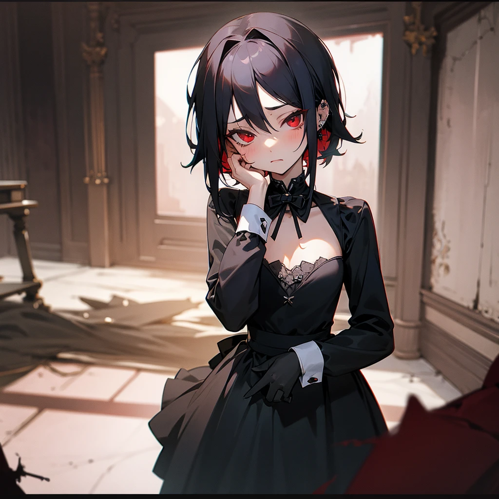 2 anime girl looking coldly at camera, flat chest, dark dress, hand on cheek, piercings, maid, red eyes, abandoned room background, dark fantasy, vignette