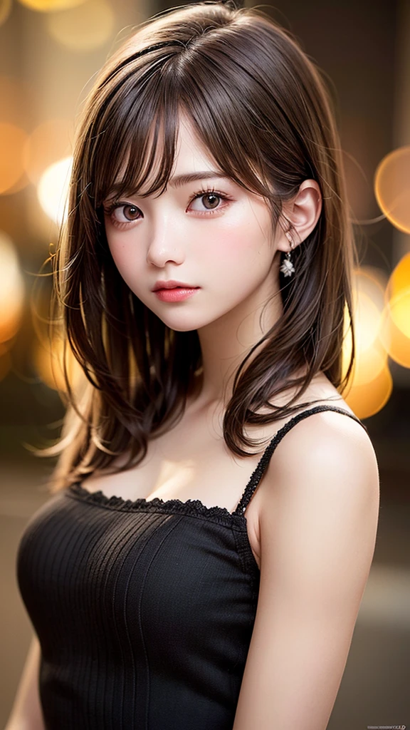 (best quality), (ultra-detailed), (illustration), (detailed light), (an extremely delicate and beautiful), 1young girl, brown hair, brown eyes, model, bare shoulders, best quality, extremely detailed CG unified 8k wallpaper, High-definition raw color photos, professional photograpy, (((Bokeh))), depth of fields, twilight, sunset,
