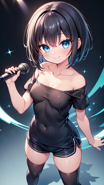 Highest quality,wonderful,finely,Highly detailed CG Unity 8k wallpaper, (1 Girl,Black Hair, blue eyes,short hair, Double Bang), (Small breasts:1.2), (Black T-shirt:1.1), (clavicle:1.1), Shorts、Smiling Kindly、smile、(zettai ryouiki:1.2),(narrow:1.2), (Are standing:1.2)、holding a microphone in his hand、speaking、Solid white background