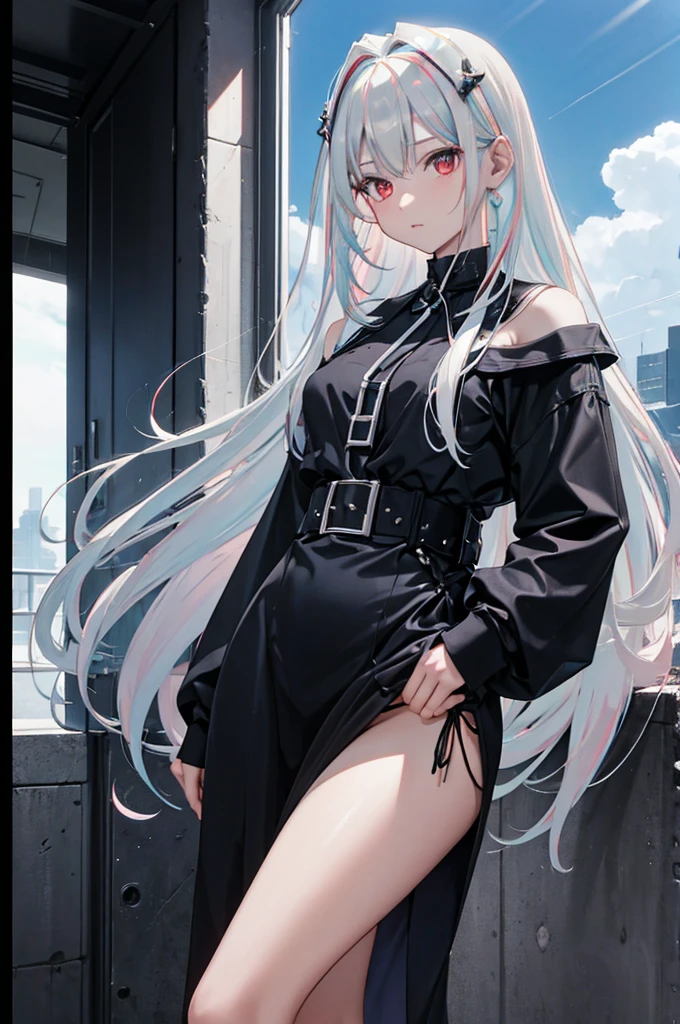 (masterpiece:1.3), (best quality:1.1), (8k, ultra detailed, ultra high res:1.2), ((anime style)), (perfect 5 fingers:1.1), perfect anatomy,
1girl,
BREAK long hair,
(((((opalescent hair))))), white hair,
red eyes,
looking at viewer, standing, (((Gazing Skyward))),
cowboy shot,
BREAK black background,