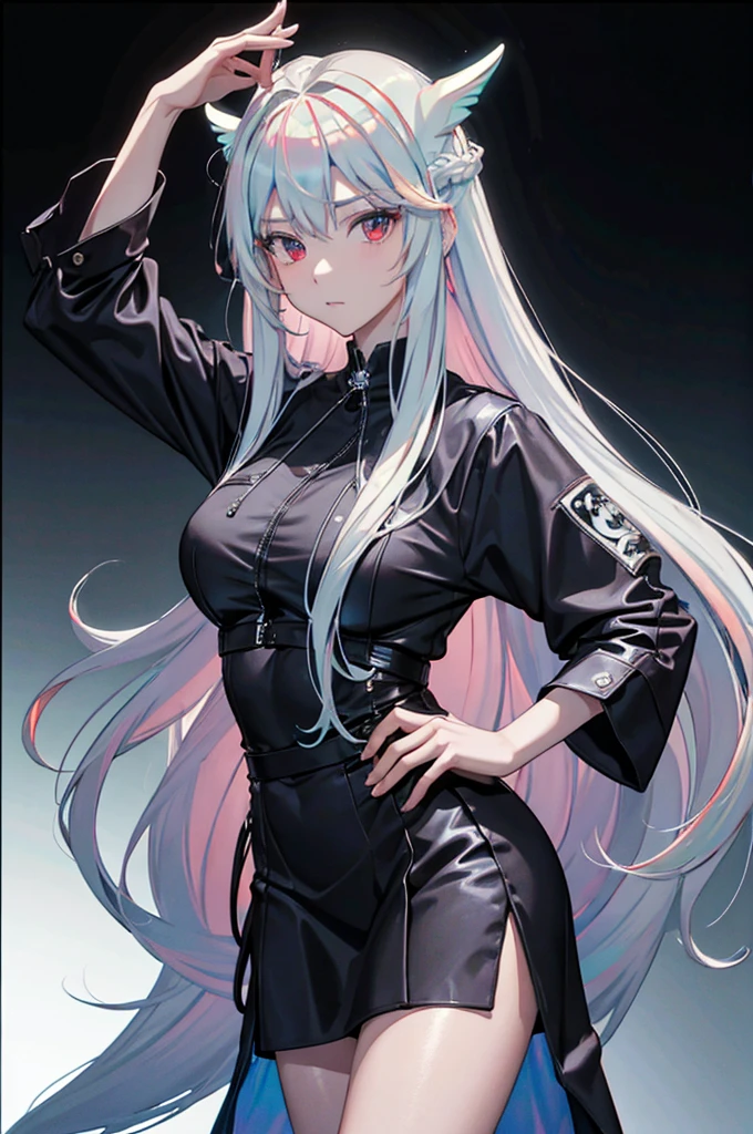  (masterpiece:1.3), (best quality:1.1), (8k, ultra detailed, ultra high res:1.2), ((anime style)), (perfect 5 fingers:1.1), perfect anatomy, 
1girl, 
BREAK long hair, 
(((((opalescent hair))))), white hair, 
red eyes, 
looking at viewer, standing, (((Gazing Skyward))), 
cowboy shot, 
BREAK black background, 