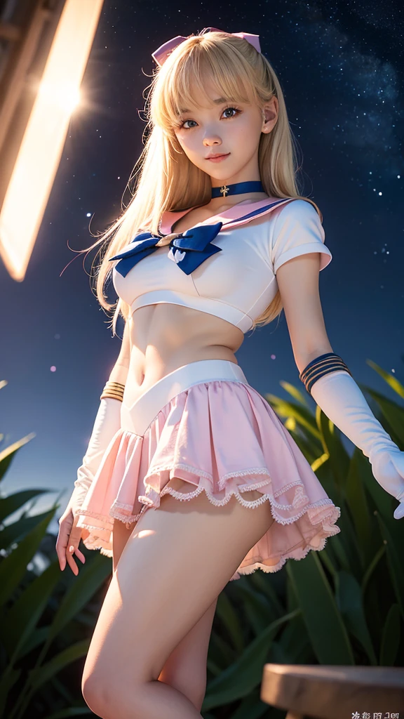 masterpiece, best quality, highres, venus1, 1girl, solo, sailor senshi uniform, sailor venus sailor, aino minako, blonde hair, magic girl, blue eyes, no pants, elbow gloves, tiara, hair bow, orange sailor collar, choker, red bow, orange choker, white gloves, very long hair, jewelry, earrings, cowboy shot, smile, sitting, open legs, panties, white panties, upskirt,  cameltoe