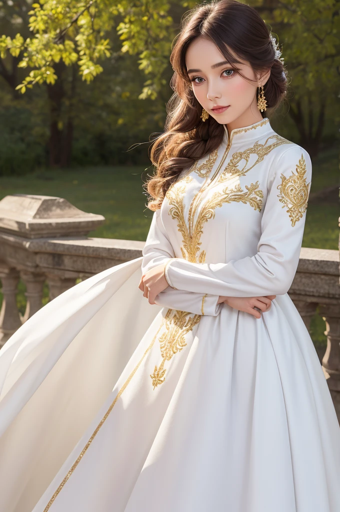 Elsa in a body-hugging white dress with long sleeves and embroidery and gold details 