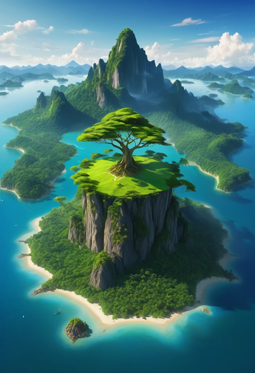a very large island with trees, but in the center of the island there is a tree, thick and the island has many mountains, and in one part of the island I want there to be a very large lake and around the island there is only the sea