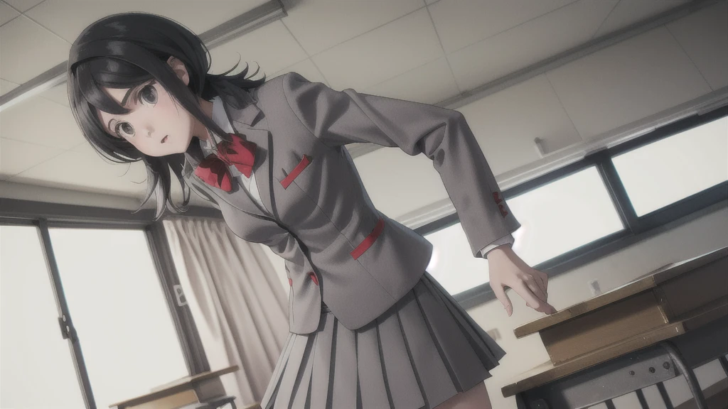 masterpiece, Highest quality, Cutchikirkia, bow tie, Grey blazer, Grey Skirt, School, classroom, Cowboy Shot, Diagonally below