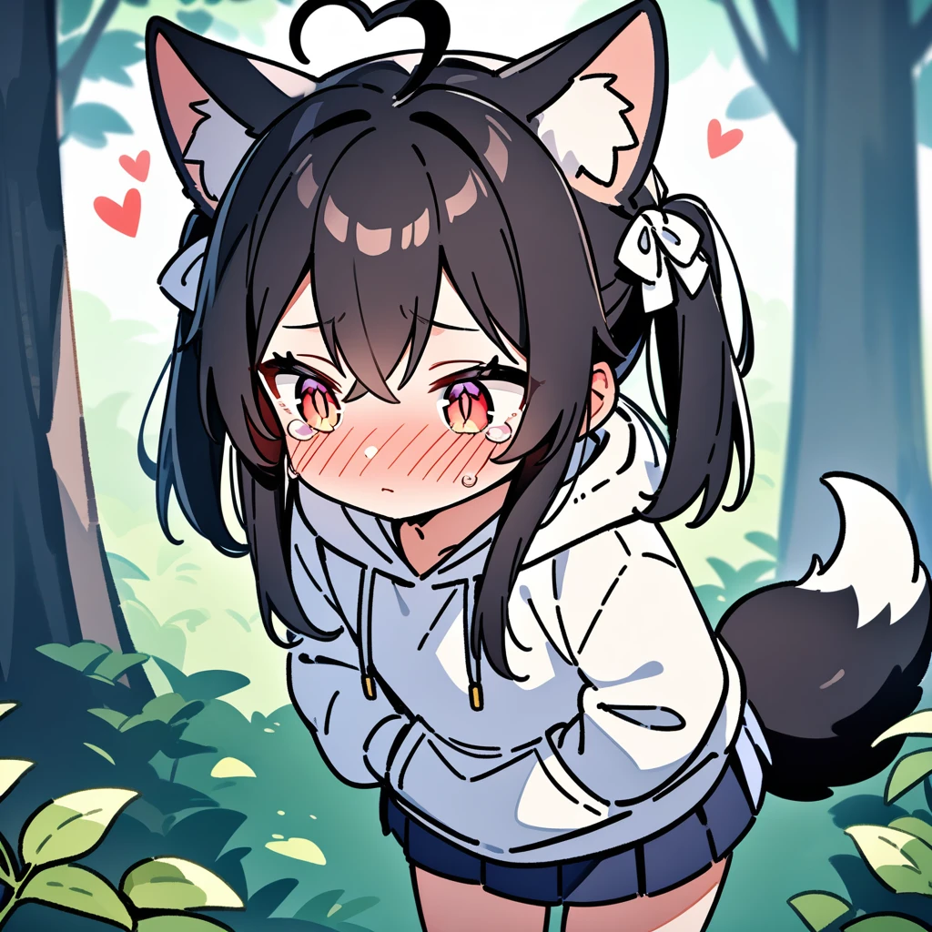 （masterpiece：1.2，high quality），8K，High resolution，A seven-year-old girl，cute girl，black hair，long hair，hair two side up，hair bow，crossed bangs，red eyes，slit pupils，heart ahoge，cat ears，full-face blush，expressionless eyes，tears，Wearing a white hoodie，Dark blue pleated skirt，Stand in the forest，There are flowering trees on both sides.，primary school student，thigh，alone，dog tail，（Put your hands in your pockets），（（Put your hands in your pockets））