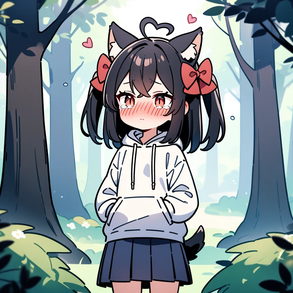 (masterpiece:1.2,high quality),8K,High resolution,A seven-year-old girl,cute girl,black hair,long hair,hair two side up,hair bow,crossed bangs,red eyes,slit pupils,heart ahoge,cat ears,full-face blush,expressionless eyes,tears,Wearing a white hoodie,Dark blue pleated skirt,Stand in the forest,There are flowering trees on both sides.,primary school student,thigh,alone,dog tail,(Put your hands in your pockets),((Put your hands in your pockets))