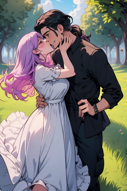 One man. One woman. Perfect face. Perfect hands. A light purple haired woman with green eyes with an hourglass figure and long hair in a frilly summer dress is kissing a black haired man with green eyes in a rolled up shirt and cargo pants with big smiles on the grass
